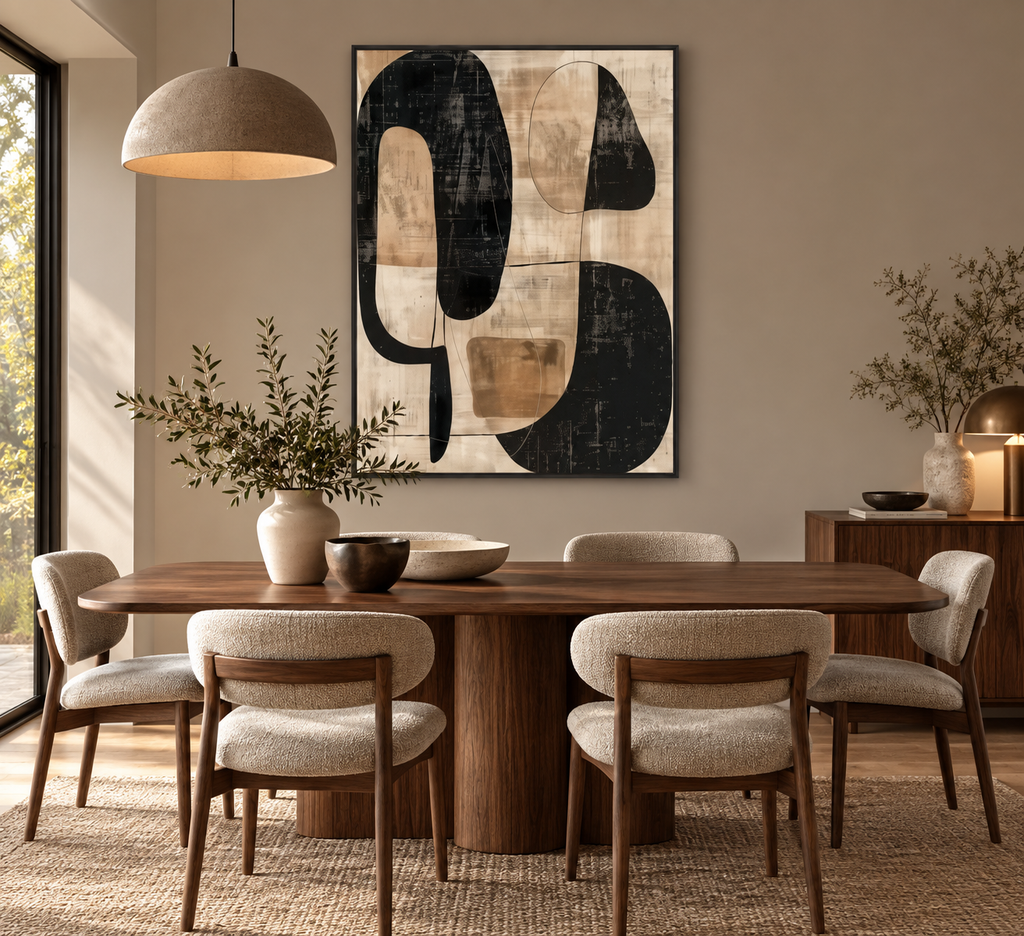 MOREA charcoal and ivory abstract wall art in an elegant dining room