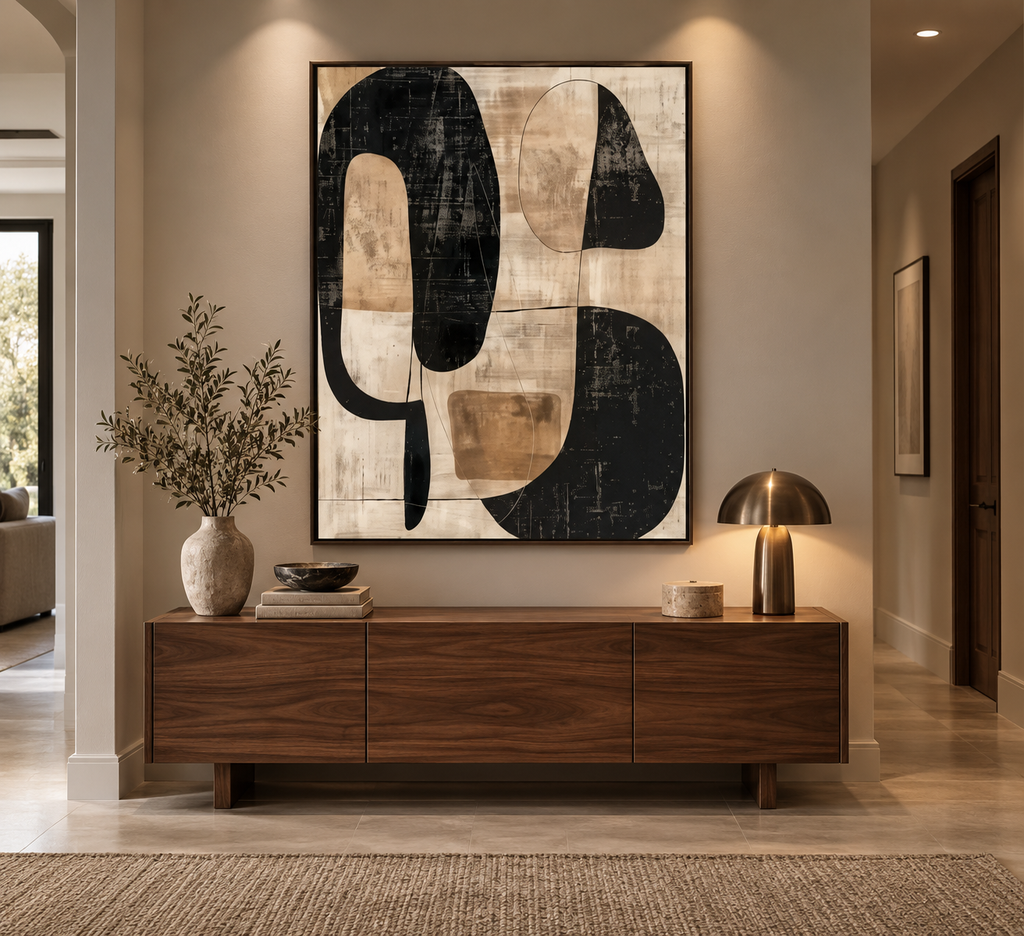 MOREA organic black and sand wall art above a mid-century entryway console