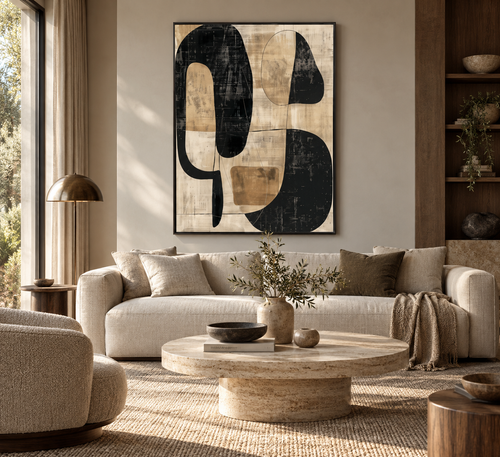 MOREA black and sand organic abstract wall art above a neutral sofa