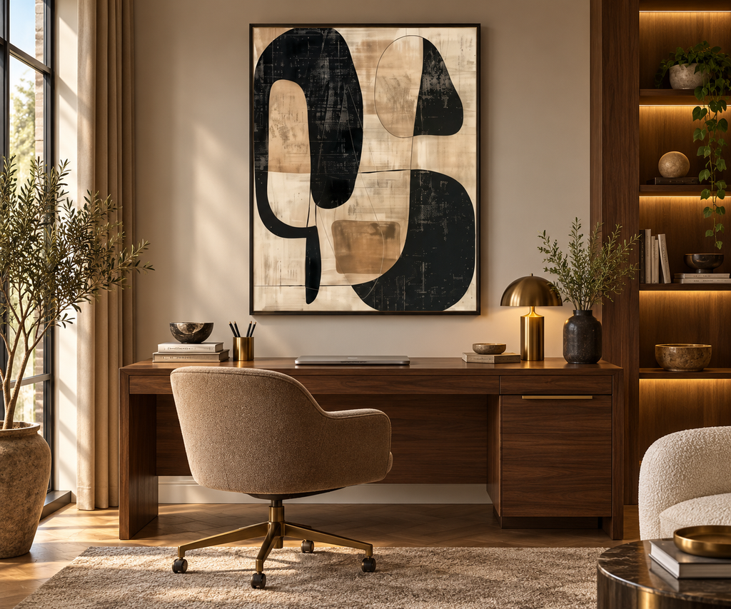 MOREA black and beige abstract wall art in a walnut home office
