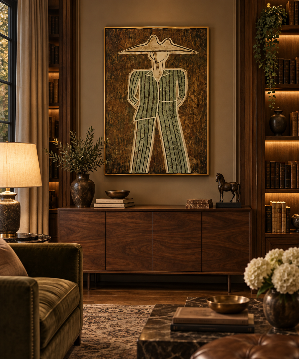 MORVANE sage green hat figure wall art in a refined living room