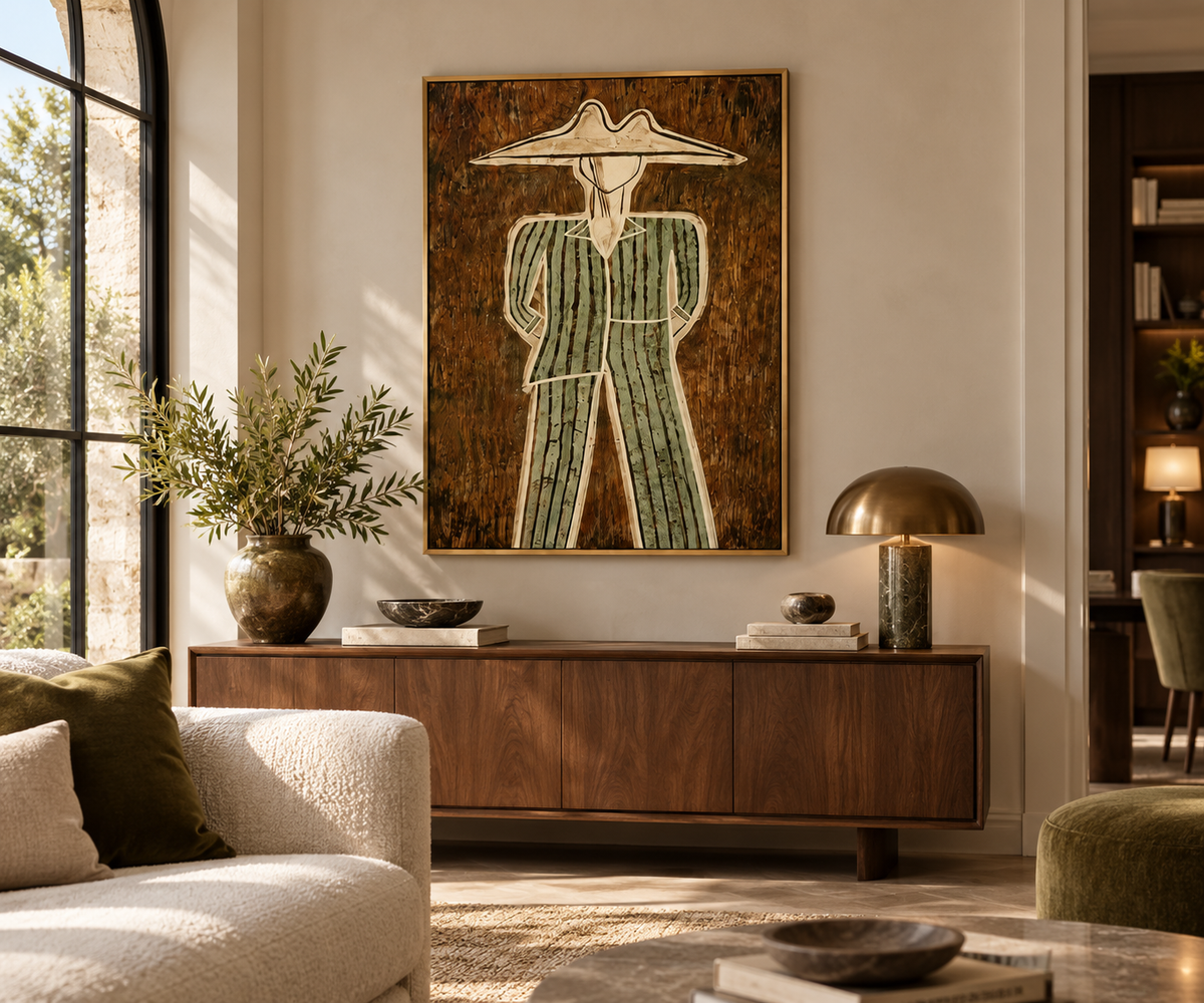 MORVANE sage green hat figure wall art above a walnut sideboard