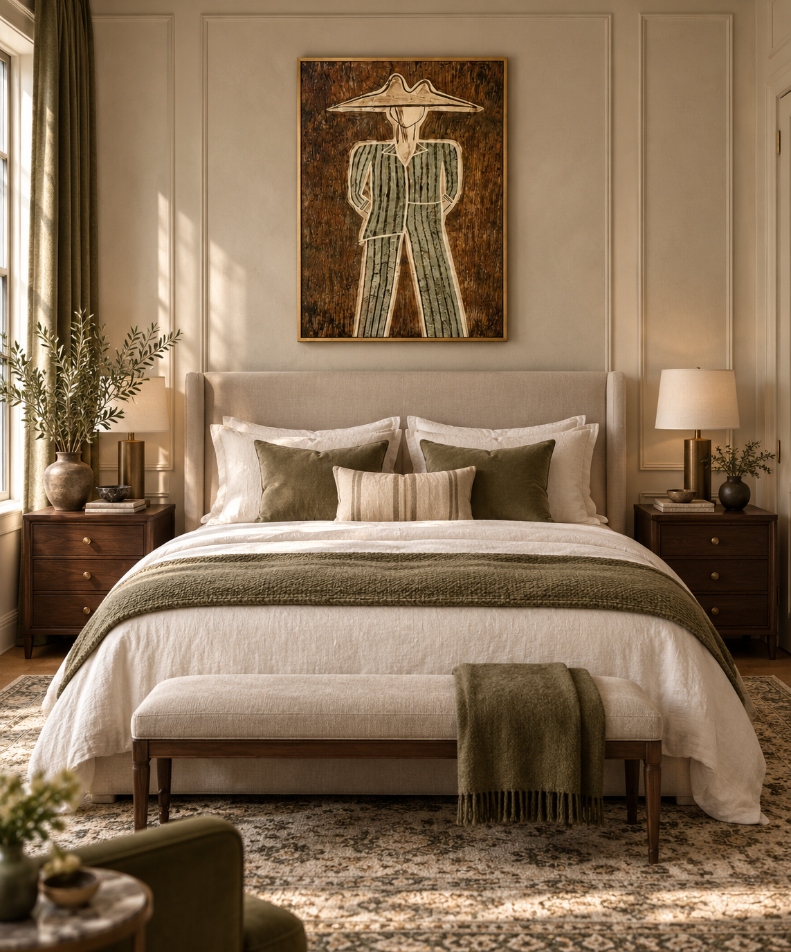 MORVANE sage green hat figure wall art above an elegant bed