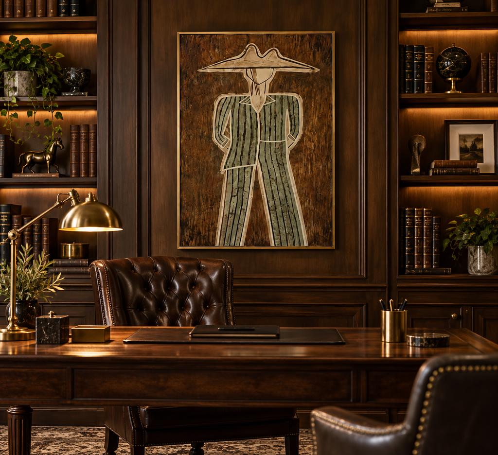 MORVANE sage green hat figure wall art in a luxury home office
