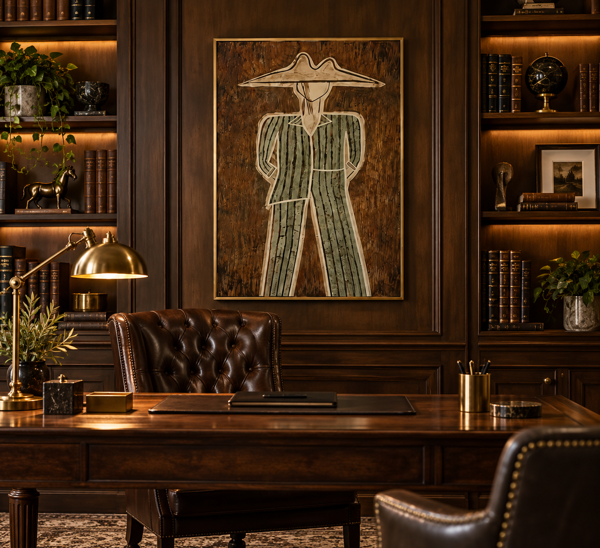 MORVANE sage green hat figure wall art in a luxury home office