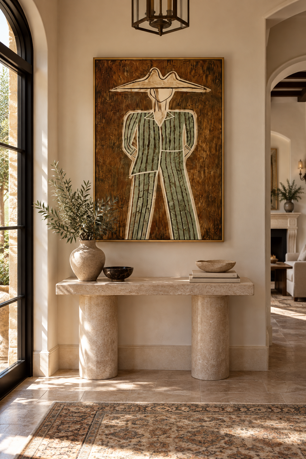 MORVANE sage green hat figure wall art in an elegant entryway