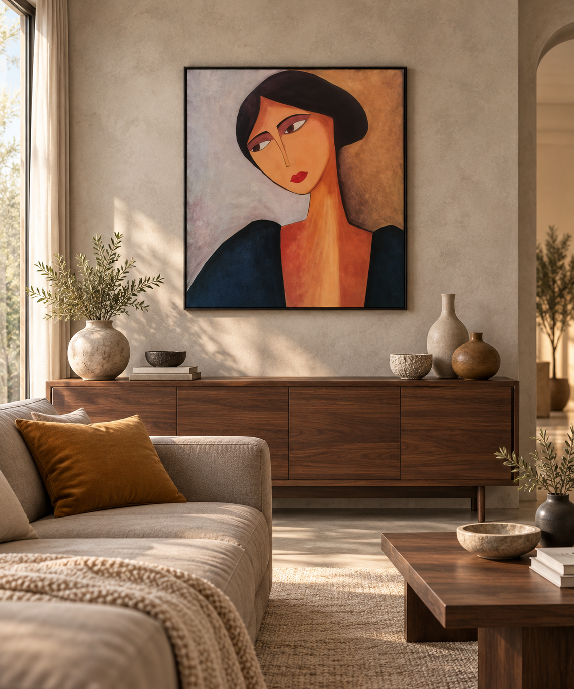 Nariel woman portrait wall art in a contemporary living room