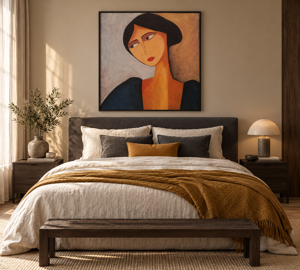 Nariel Art Deco woman portrait above an elegant bedroom