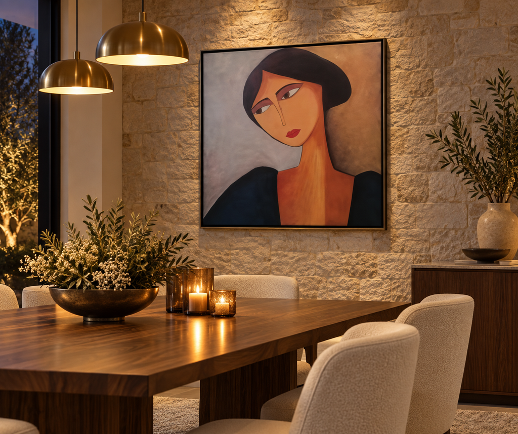 Nariel modern woman portrait painting in a refined dining room