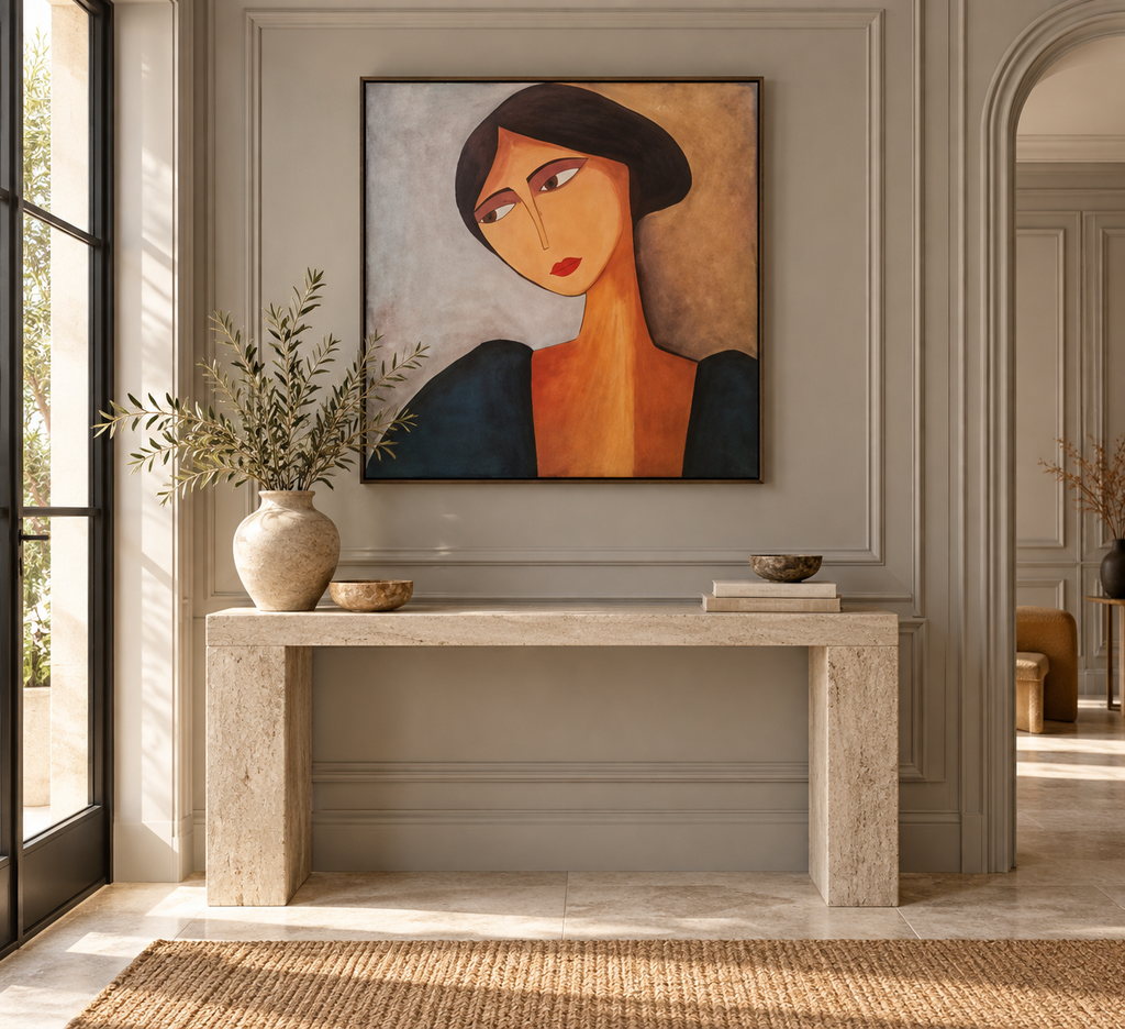 Nariel woman portrait wall art in a sophisticated European entryway