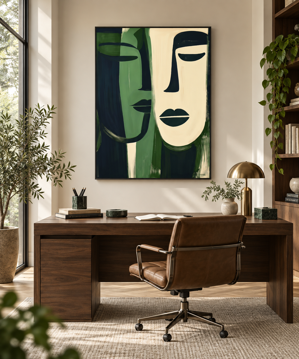 NAYA green abstract wall art in a premium home office