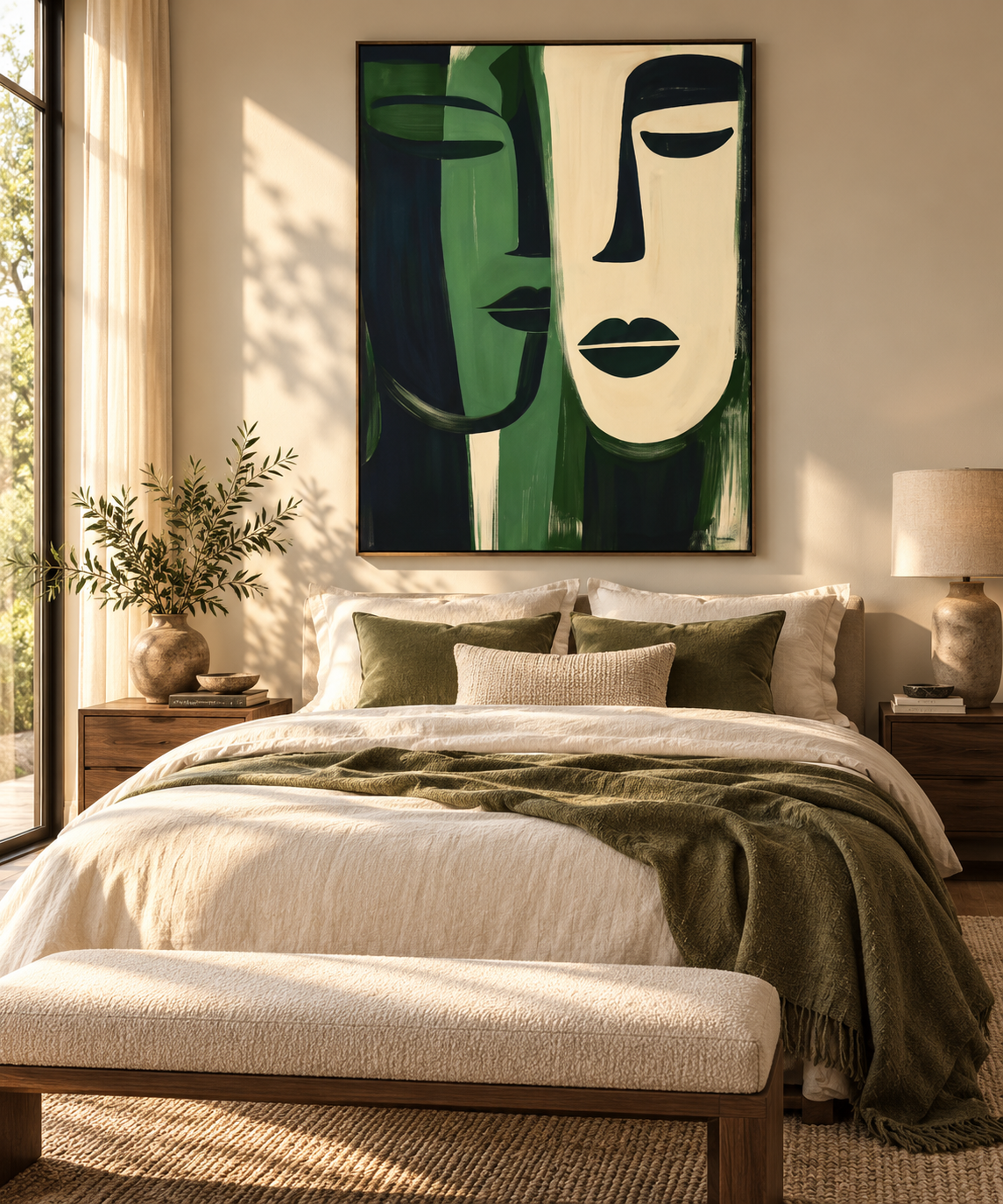 NAYA green and cream abstract face wall art in an elegant bedroom