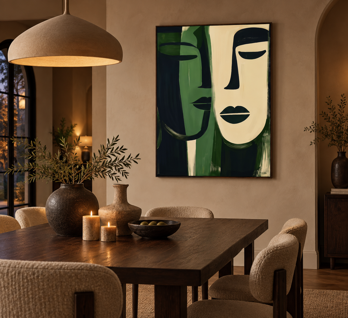 NAYA figurative abstract wall art in a sophisticated dining room