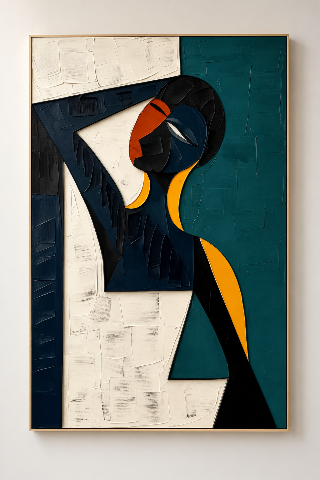 NAYORA navy teal orange geometric figure wall art close-up
