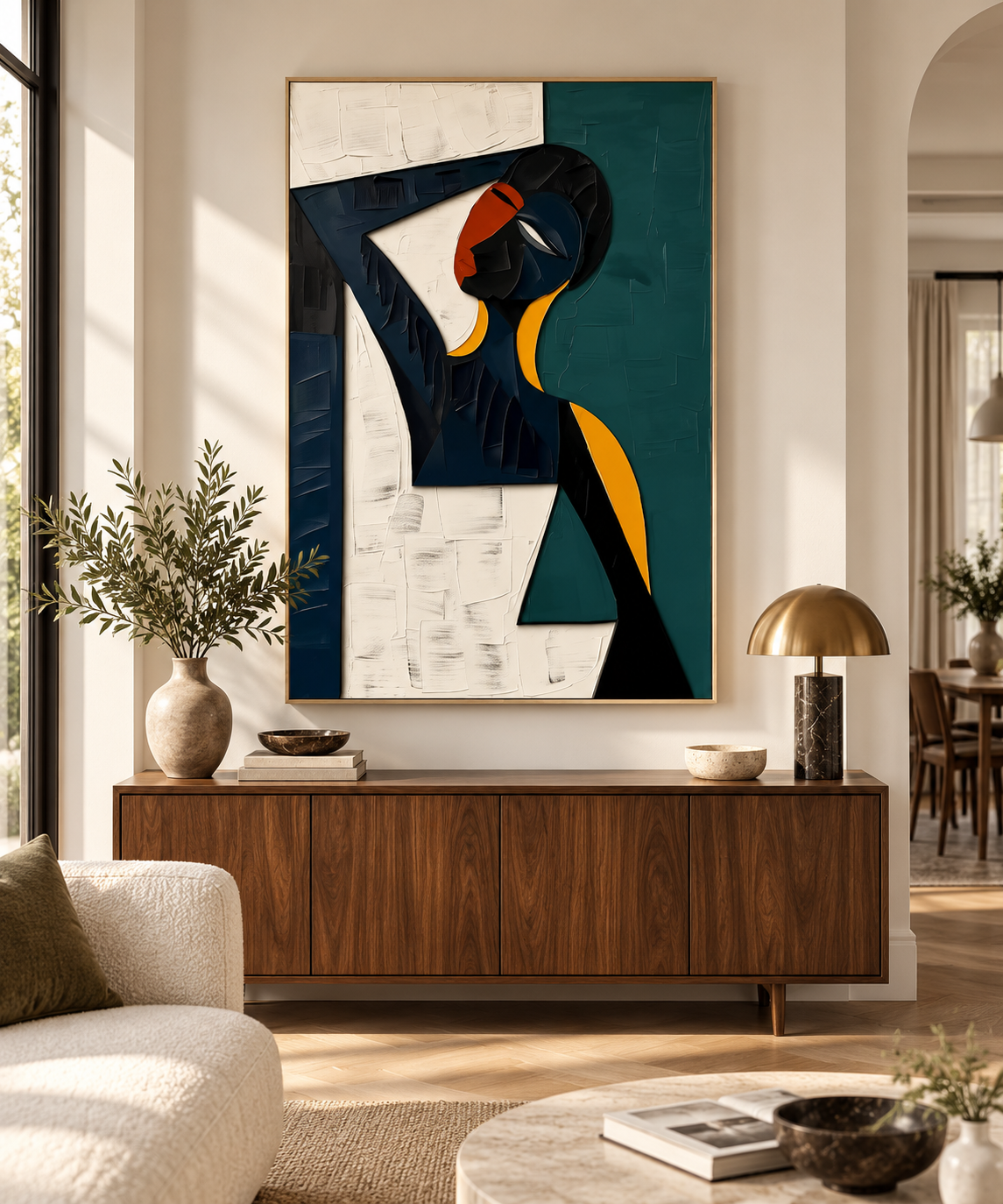 NAYORA navy teal orange geometric figure wall art in a contemporary living room