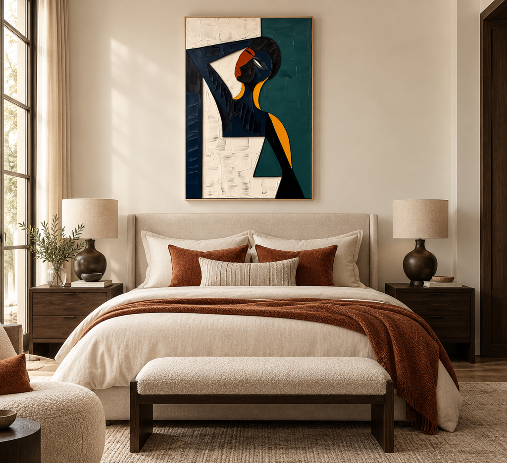 NAYORA navy teal orange geometric figure wall art above an elegant bed