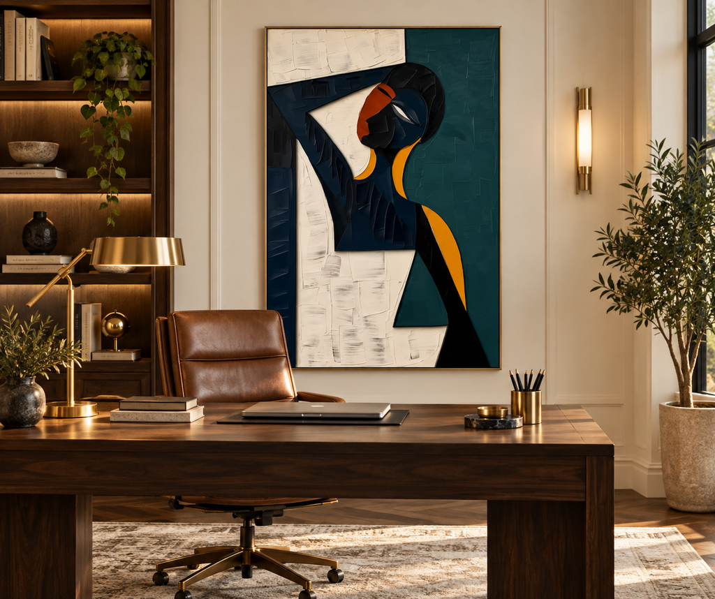NAYORA navy teal orange geometric figure wall art in a luxury home office