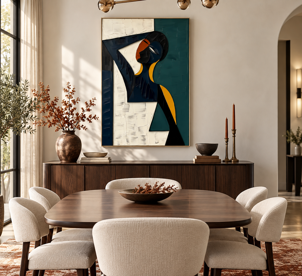 NAYORA navy teal orange geometric figure wall art in a refined dining room
