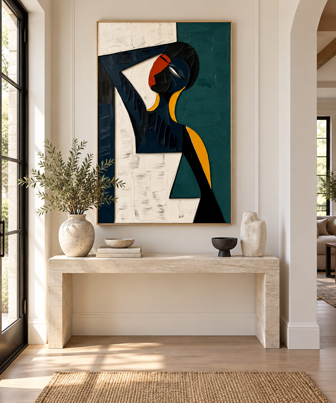 NAYORA navy teal orange geometric figure wall art in an elegant entryway