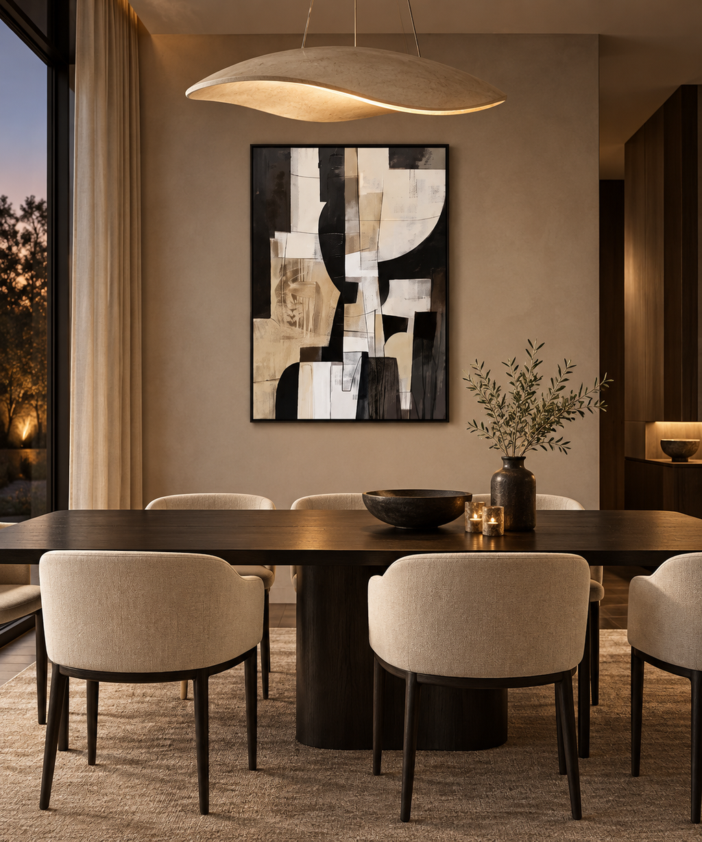 NOMA neutral geometric abstract wall art in a bedroom