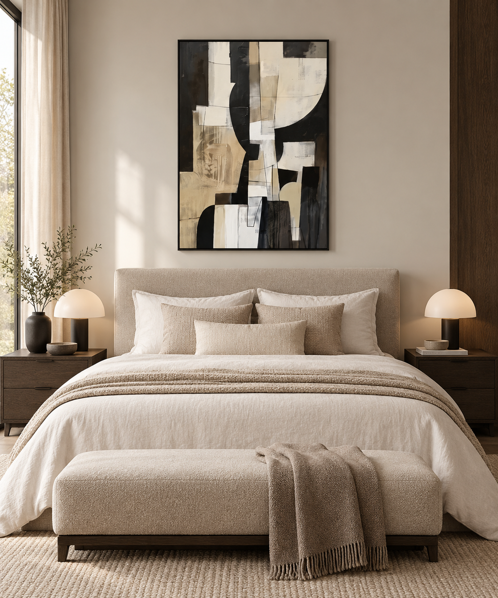 NOMA neutral geometric abstract wall art in a home office