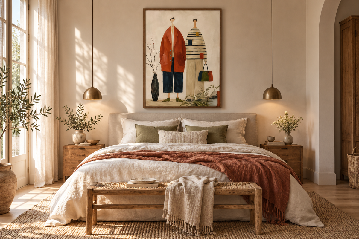 NOREVA terracotta and cream figurative wall art in an elegant bedroom