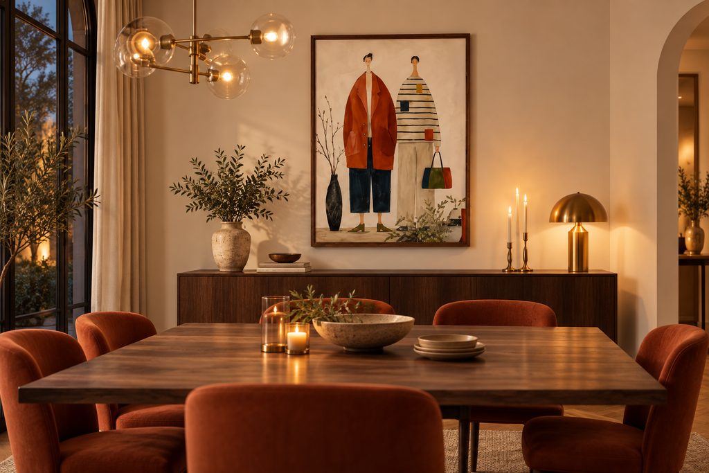 NOREVA terracotta and cream figurative wall art in a refined dining room