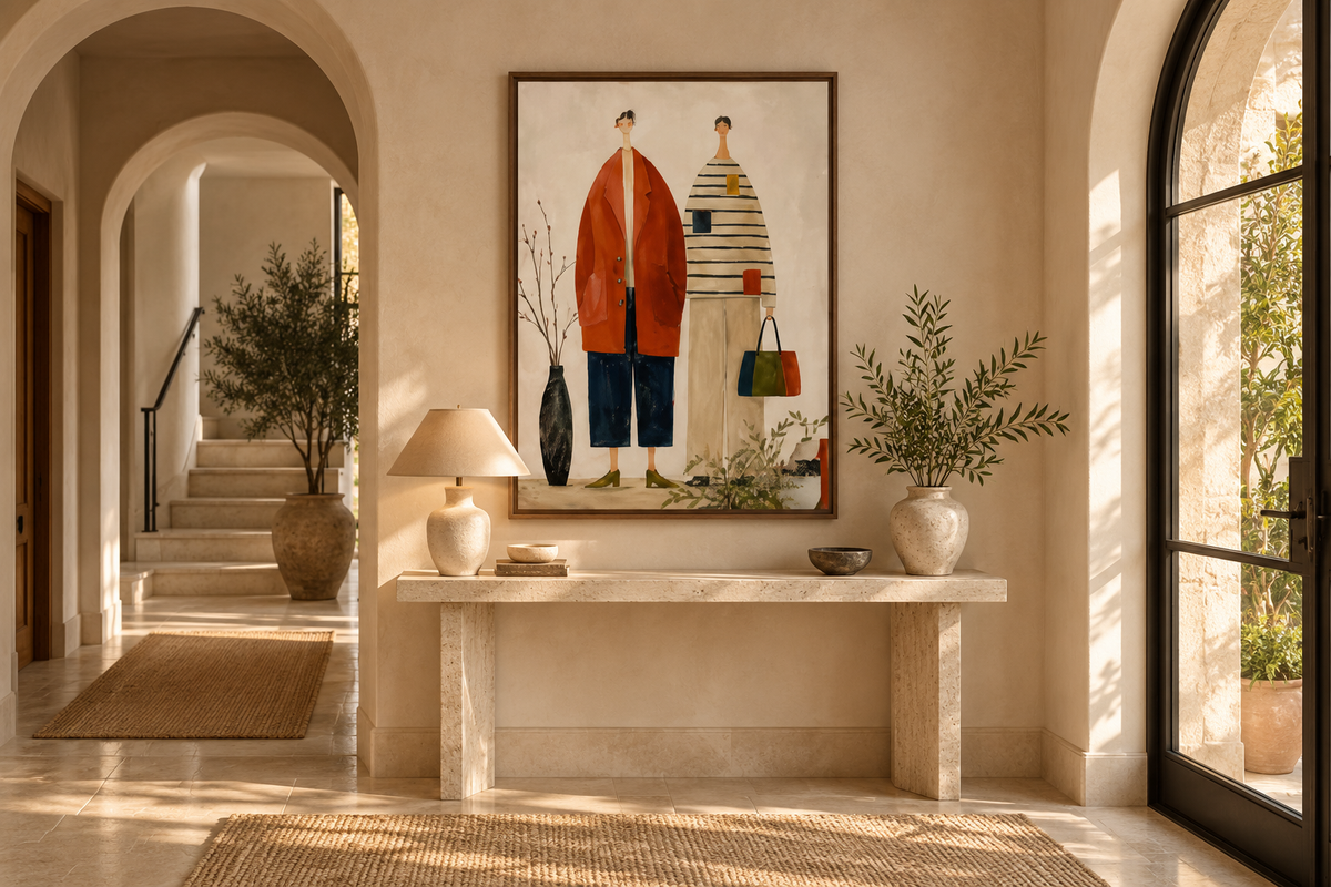 NOREVA terracotta and cream figurative wall art above an entryway console