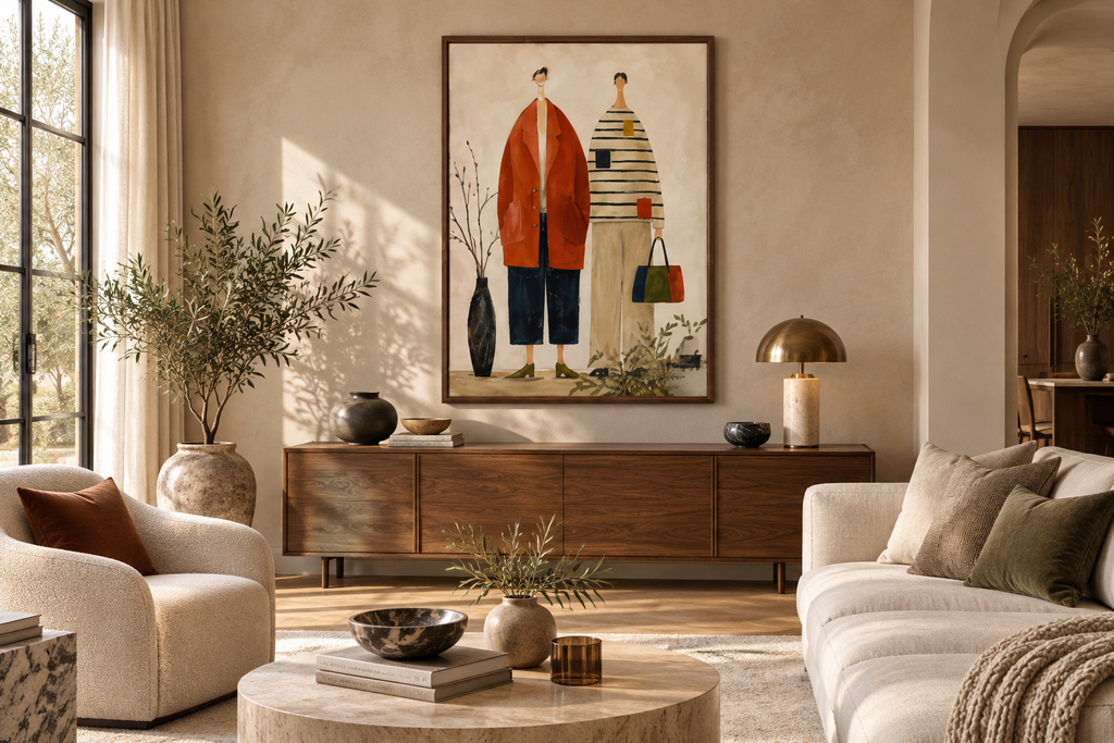 NOREVA terracotta and cream figurative wall art above a contemporary living room console