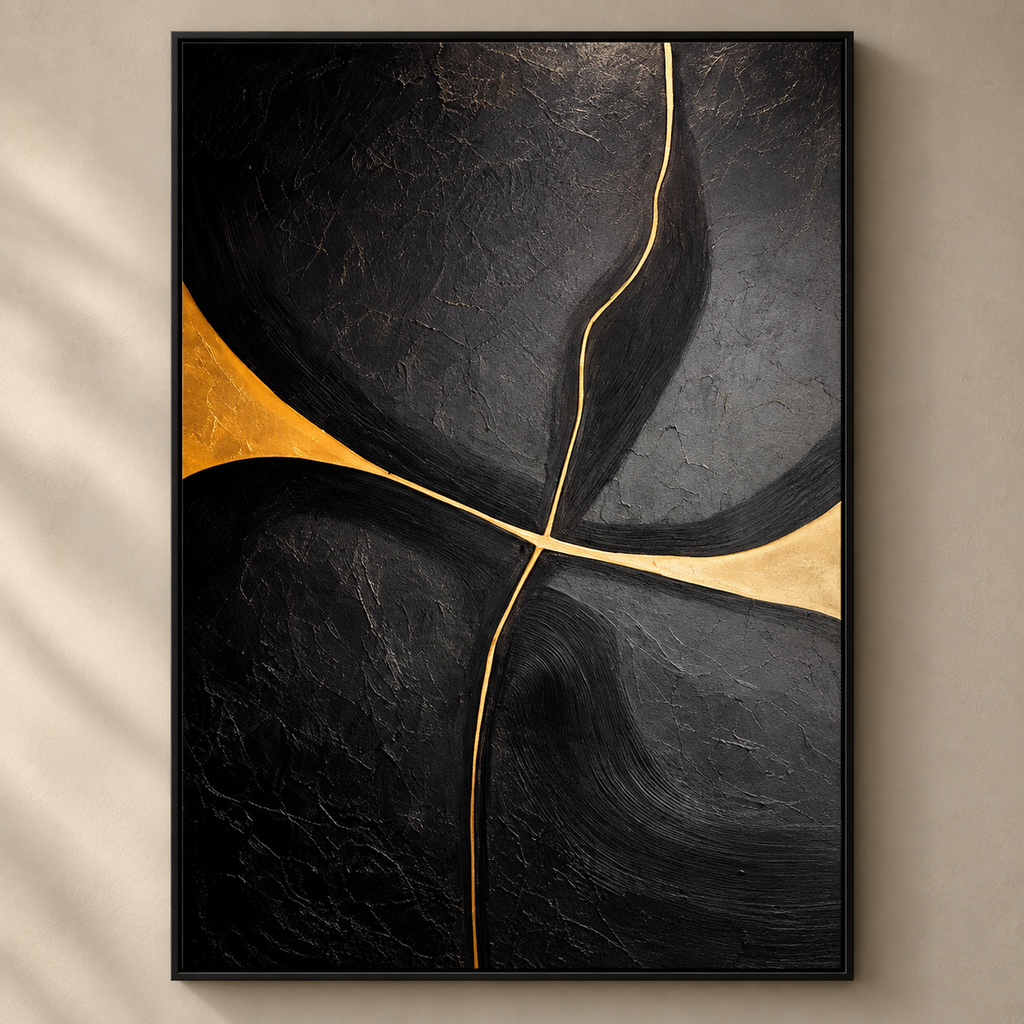 NOXIA black and gold textured wabi-sabi abstract wall art close-up