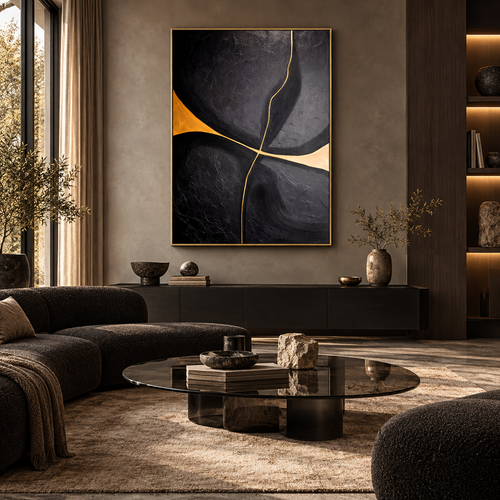 NOXIA black and gold abstract wall art in a contemporary living room
