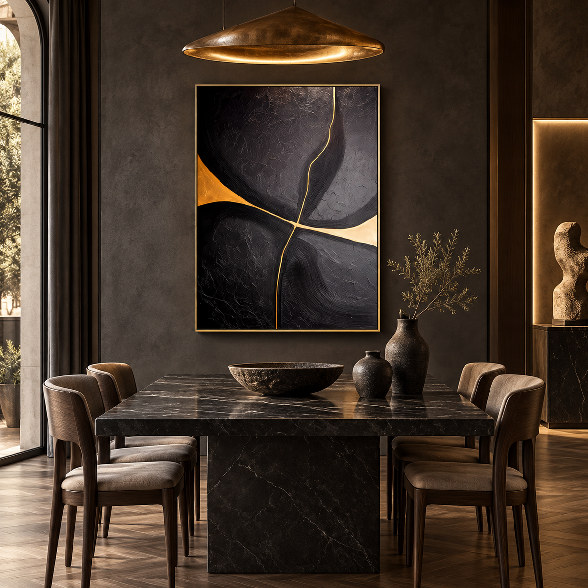 NOXIA black and gold abstract wall art in a luxury European dining room