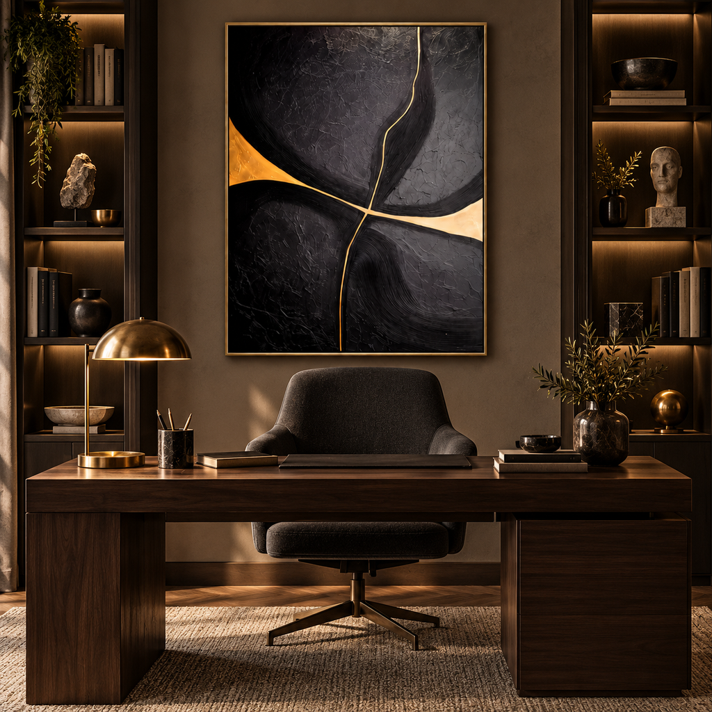 NOXIA black and gold textured abstract artwork in a refined home office