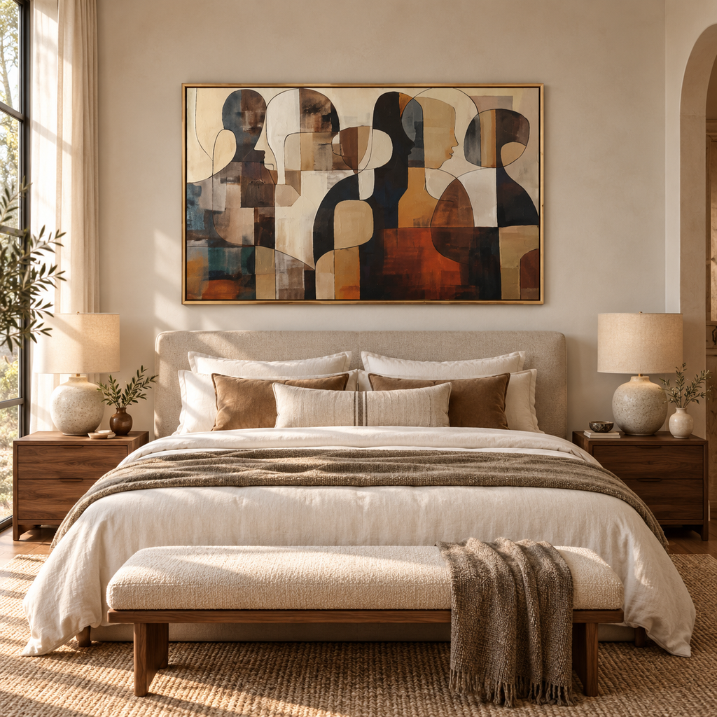 ORLA neutral abstract figurative wall art above an elegant bedroom