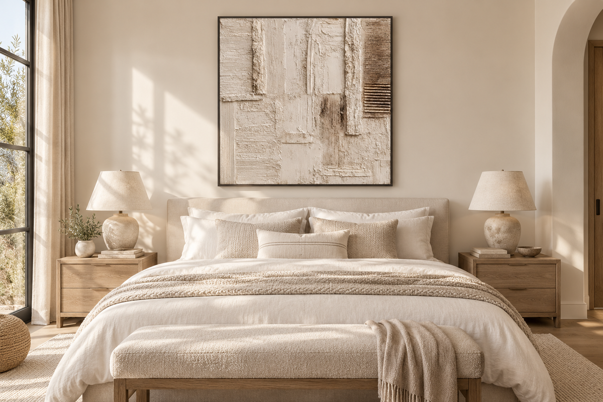 RELIVA beige ivory textured abstract wall art in a bedroom