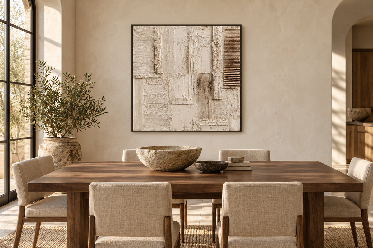 RELIVA beige ivory textured abstract wall art in a dining room