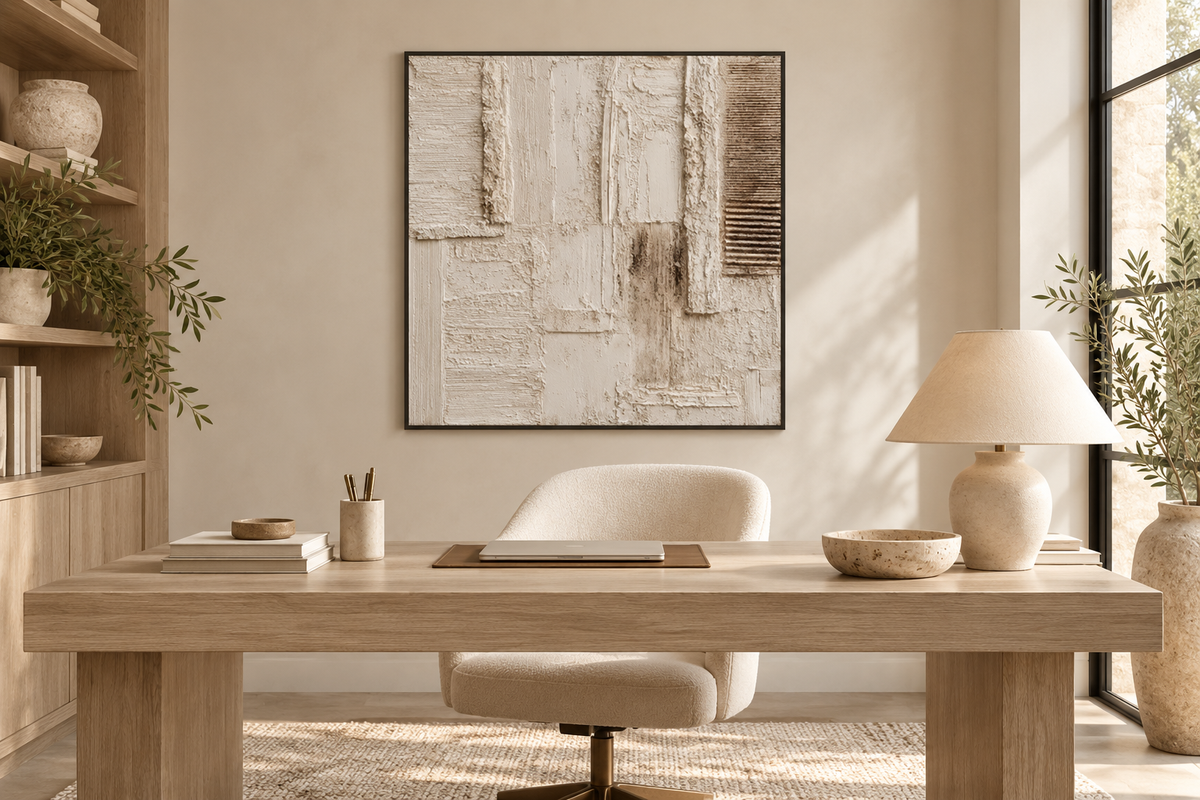 RELIVA beige ivory textured abstract wall art in a home office