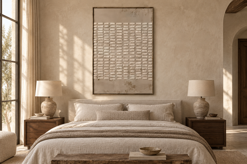RÉSEA ivory grid textured wall art in a bedroom