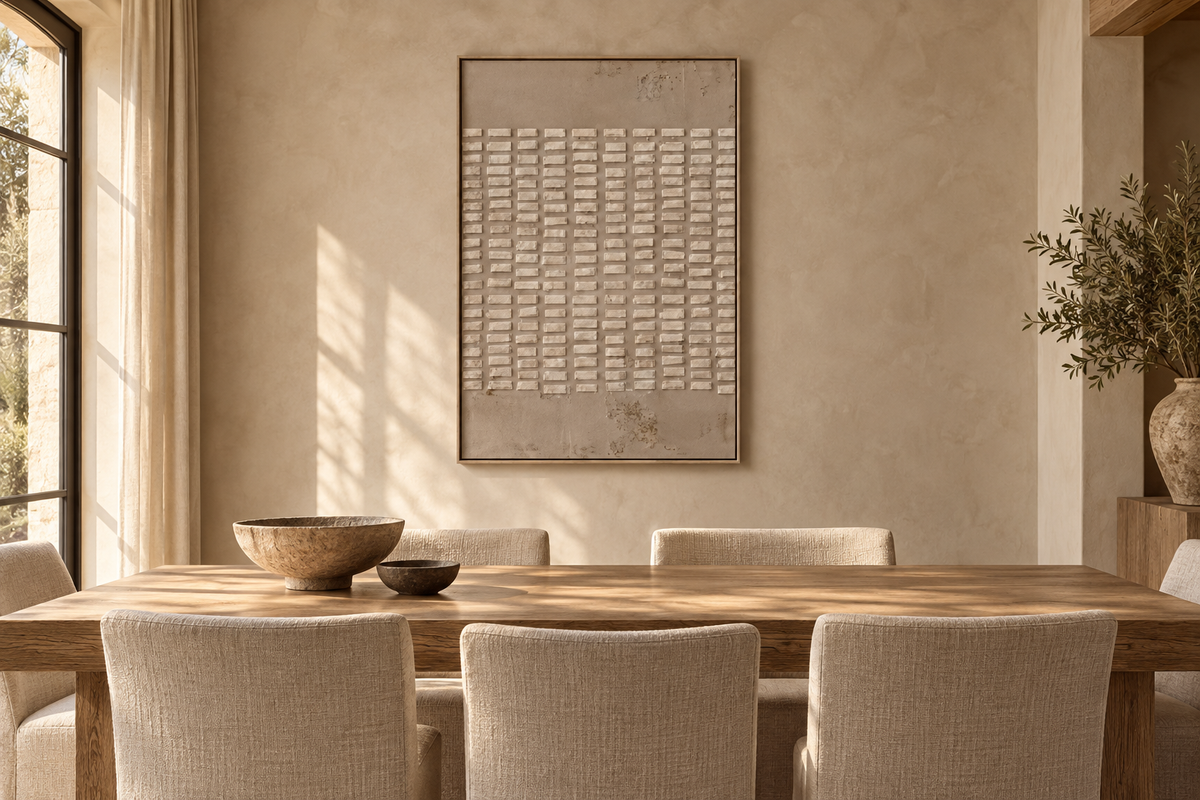 RÉSEA ivory grid textured wall art in a dining room