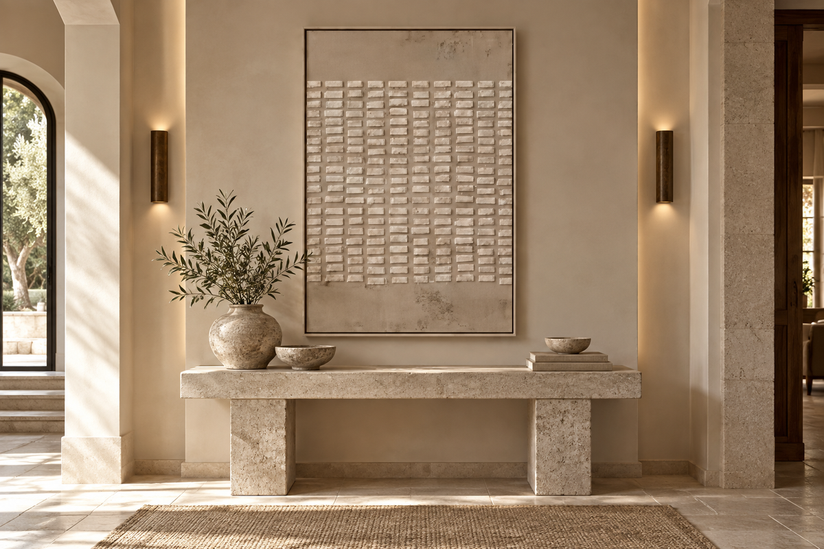 RÉSEA ivory grid textured wall art in an entryway