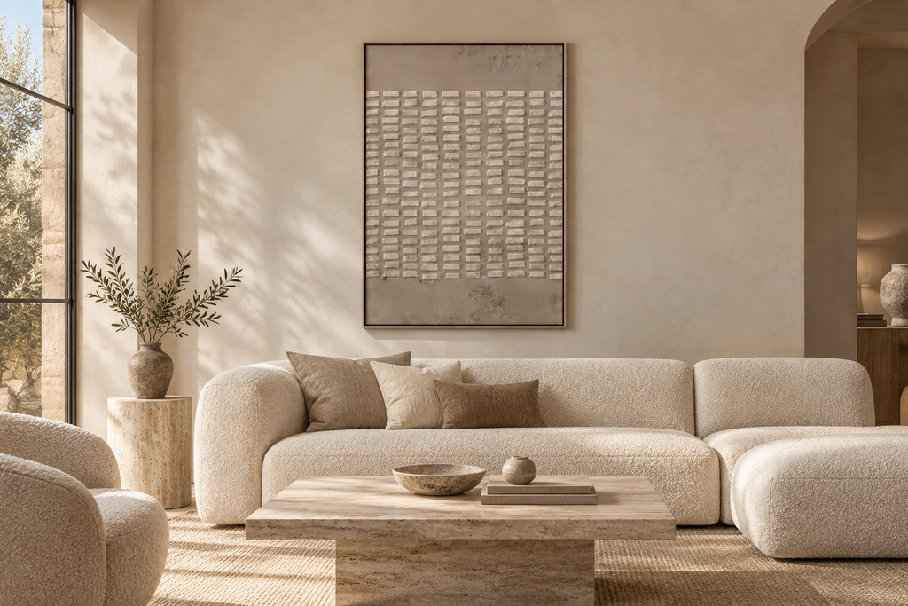 RÉSEA ivory grid textured wall art in a living room