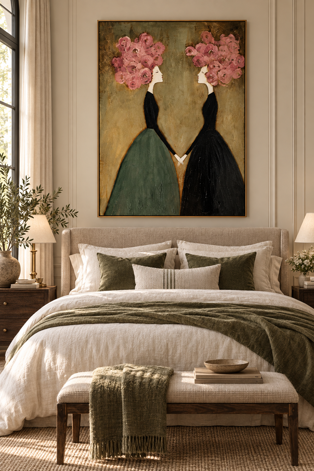 ROSALIA two women with pink flowers wall art above an elegant bedroom