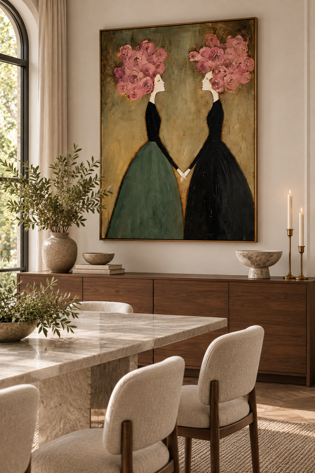 ROSALIA sage green and black women floral painting in a sophisticated dining room