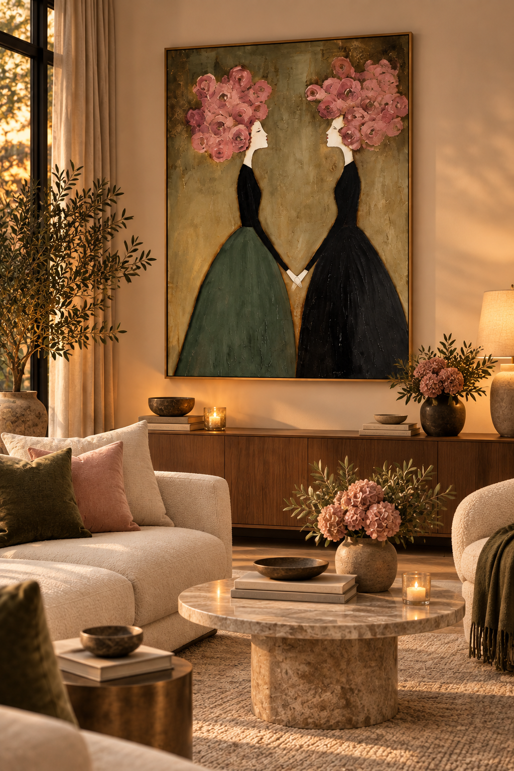 ROSALIA sage green and black women floral wall art in a warm lounge