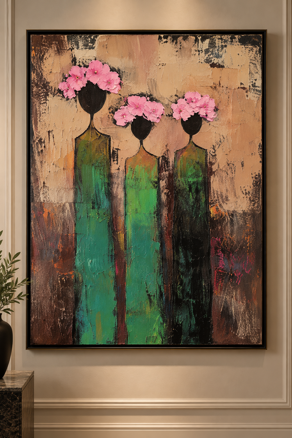 Rosavia three women green dresses pink flowers figurative wall art