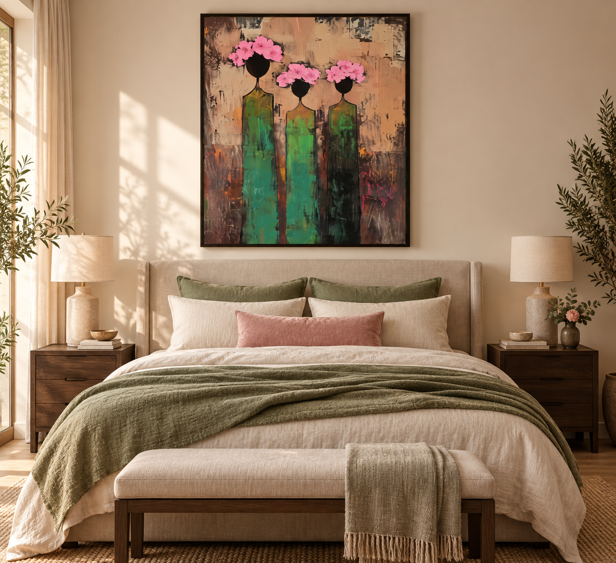 Rosavia three women floral painting above an elegant bedroom