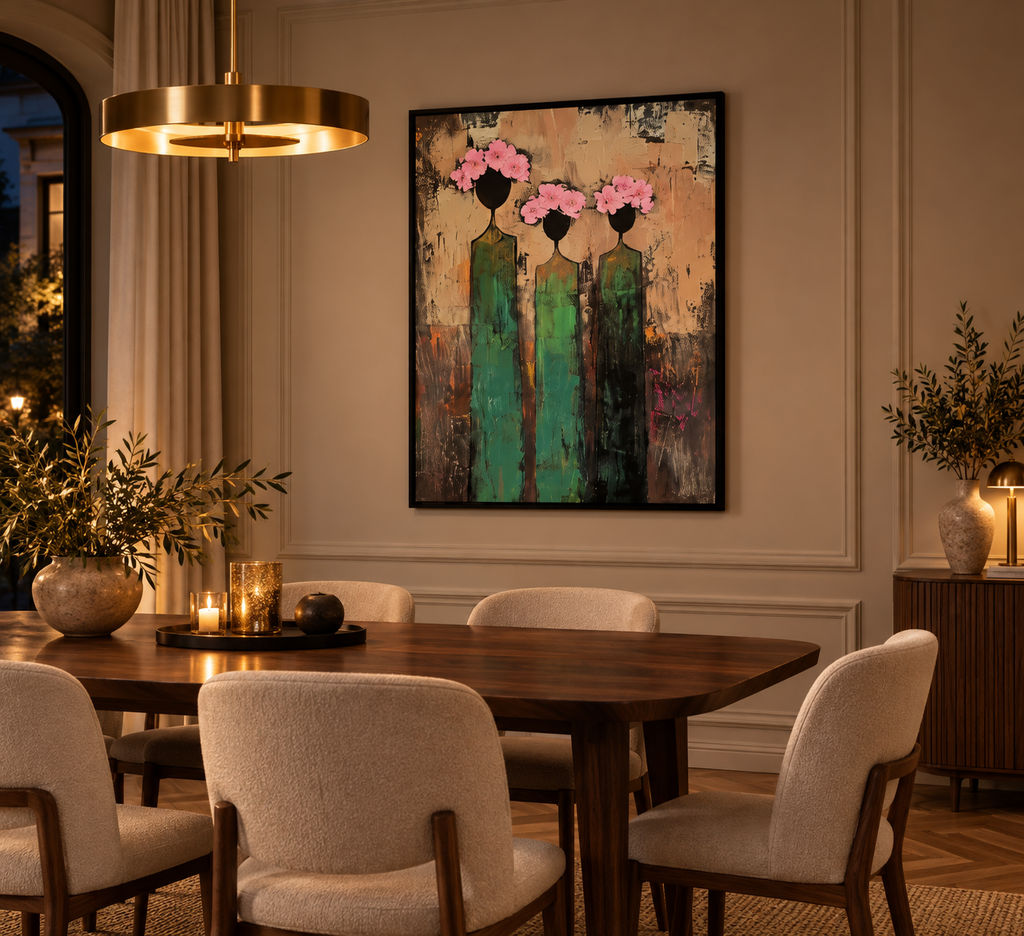 Rosavia green dress figurative wall art in a refined dining room