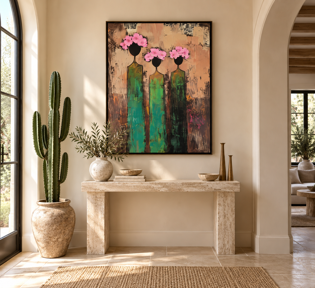 Rosavia three women floral wall art in a European entryway