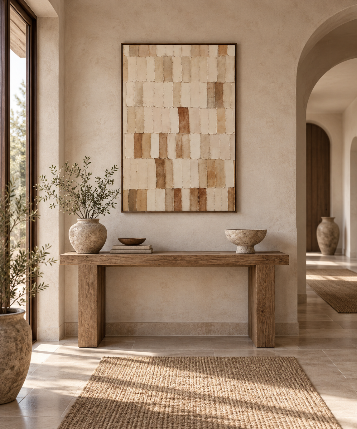 SAORI textured Japandi beige grid wall art in a bedroom