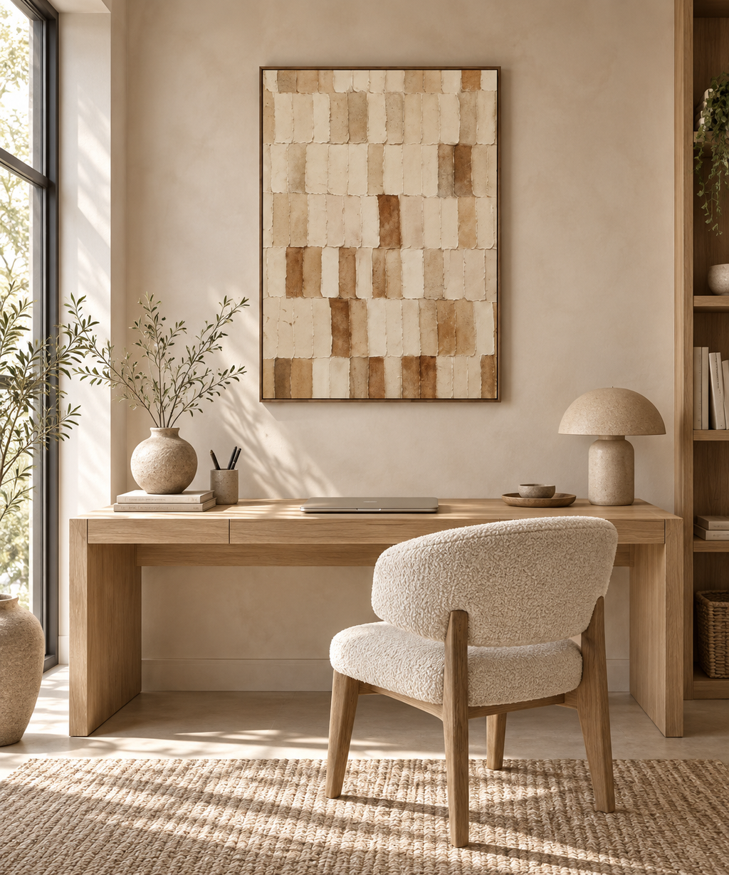 SAORI textured Japandi beige grid wall art in an entryway